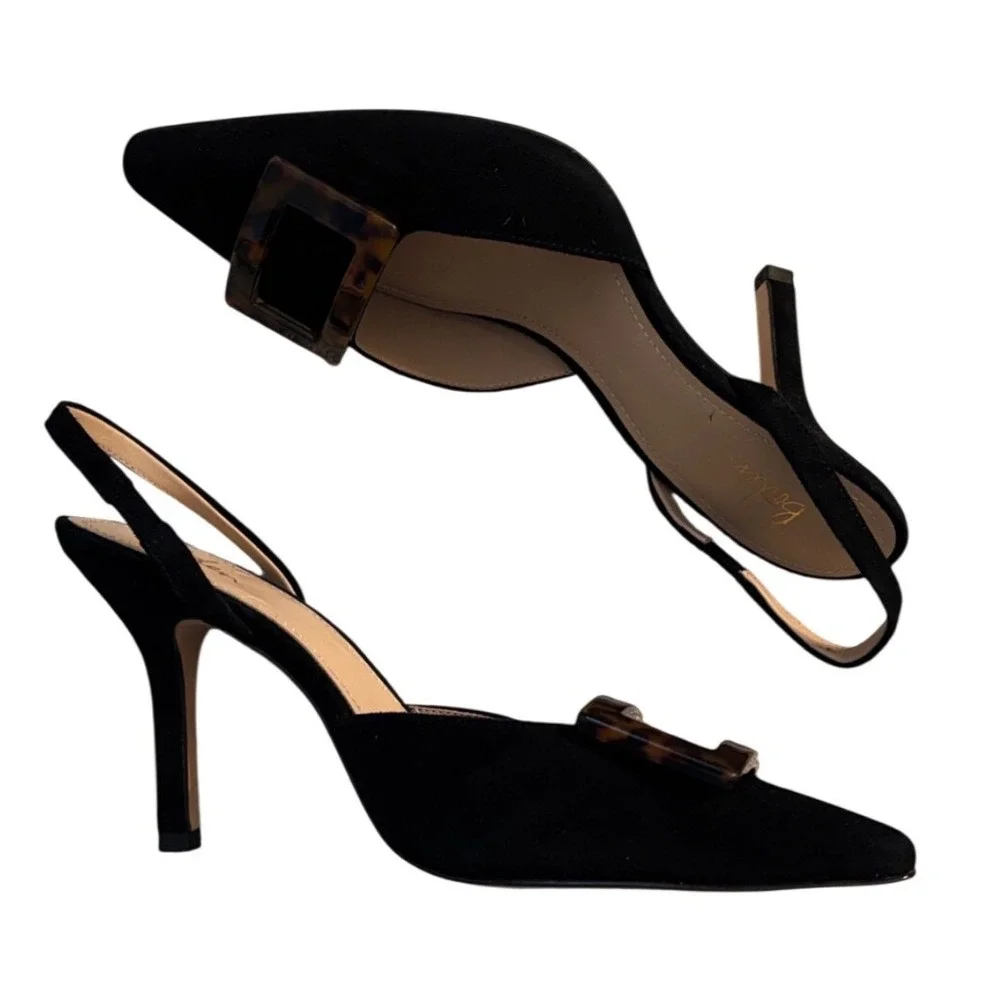 Boden Black Suede Slingback Pumps Tortoise Buckle Pointed Toe Heel Womens 39 / 8